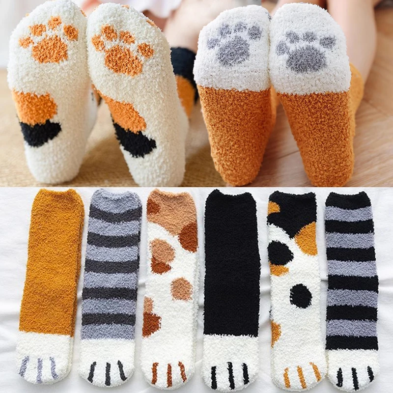 Kawaii Cartoon Cat Paw Socks for Women Cute Cat Paw Pattern Female Fleece Warm Funny Animal Dot Socks Home Floor Sleeping Sock