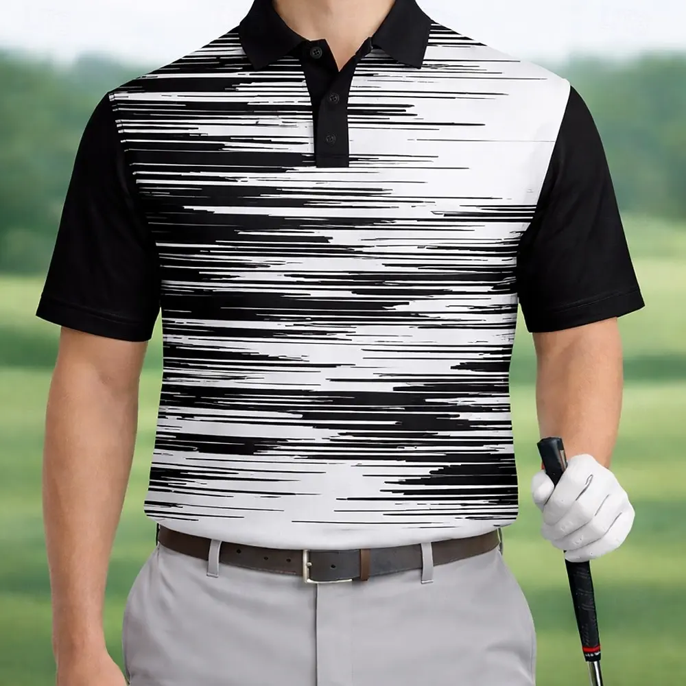 Men's Golf Line 3D Print Sports Polo Shirts Short Sleeve Collared Button Casual Athleisure Wear for Summer Blue Purple Black
