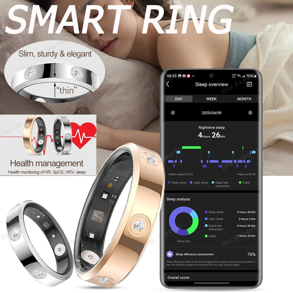 

Супер узкое умное кольцо с бриллиантом для женщин и мужчин, пульсометр, кислород в крови, монитор стресса, смазка, водонепроницаемое модное спортивное кольцо