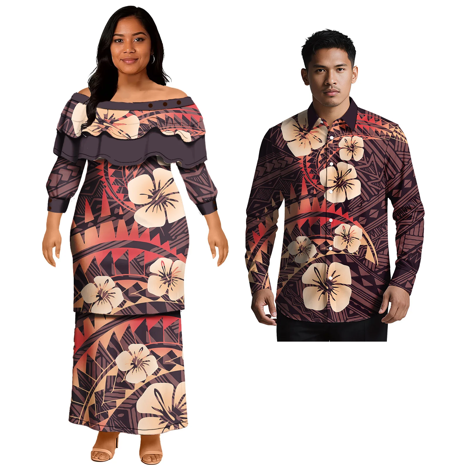 Vêtements d'église personnalisés, ensemble 2 pièces pour couple, design décontracté Aloha pour la plage, costume de couple, robe longue pour femme, chemise pour homme, style samoan polynésien
