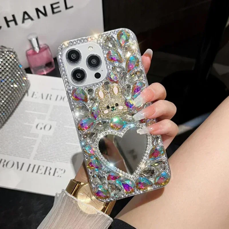 Bling Rhinestone Rabbit Mirror Case for Samsung Galaxy S10 S20 Plus S21 FE S22 23Ultra Note20 10 Full Crystal Diamond Cover viv