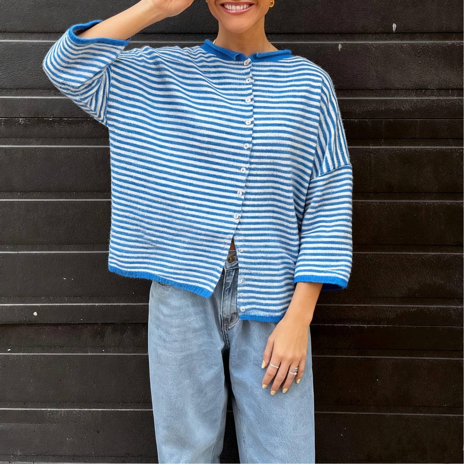 

Women Summer y2k Vintage Striped Knitted Cropped Cardigan Short Sleeve Button Down Ribbed Knit Harajuku Crop Tops Outwear