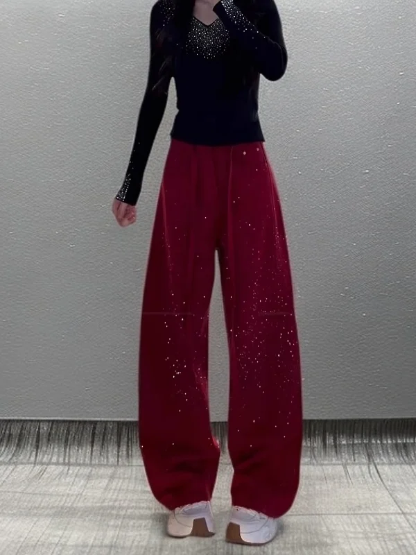 

Red High Waist iny Diamond Embellied Wide Leg Pants Women's Casual Sle Spring Faion High-End Feeling Small Size Knife...