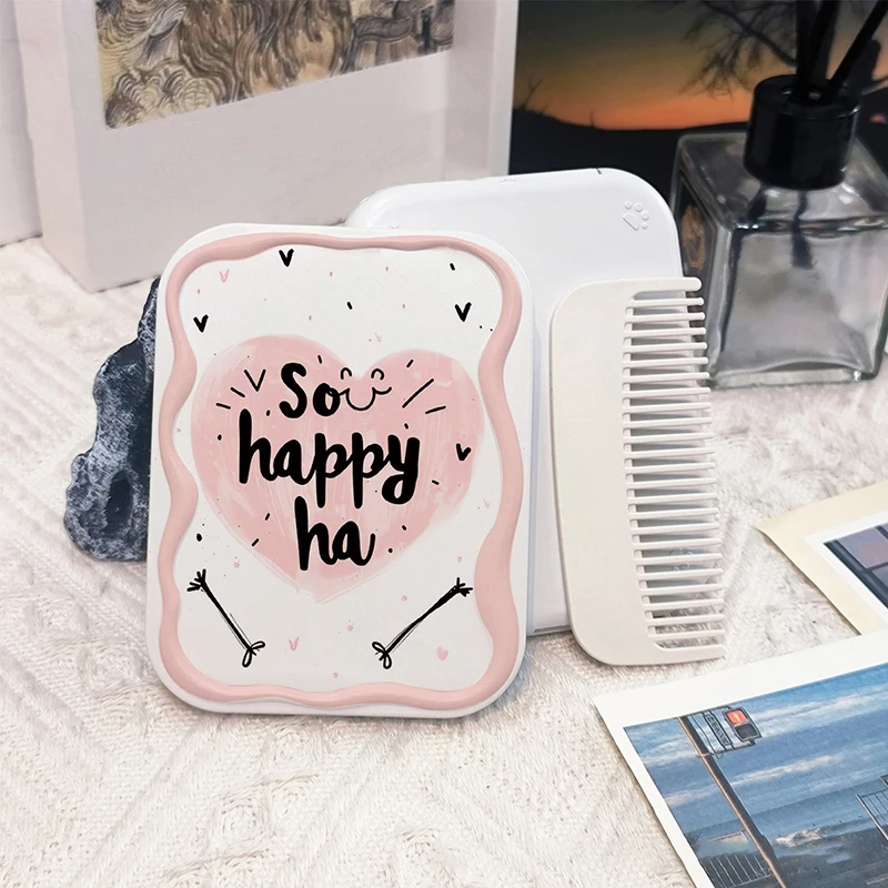 Cartoon Love Pattern Flip-Top Folding Makeup Mirror Portable Pocket Mirror Rectangle Cosmetic Mirror With Comb For Women Girl