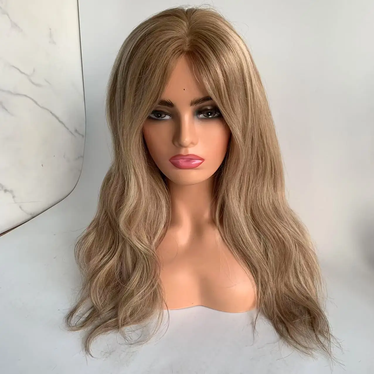 T8-16/60 Blonde Highlight Color Silk Top Silicone Cap Medical Gluless Wig Replacement European Human Hair For Alopecia Or Cancer