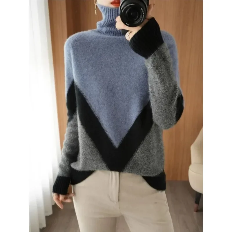 Winter Women's Turtleneck Sweater Warm Pullover Commuter Elegant Top Loose Casual   Retro Contrast Color Jumpers N147