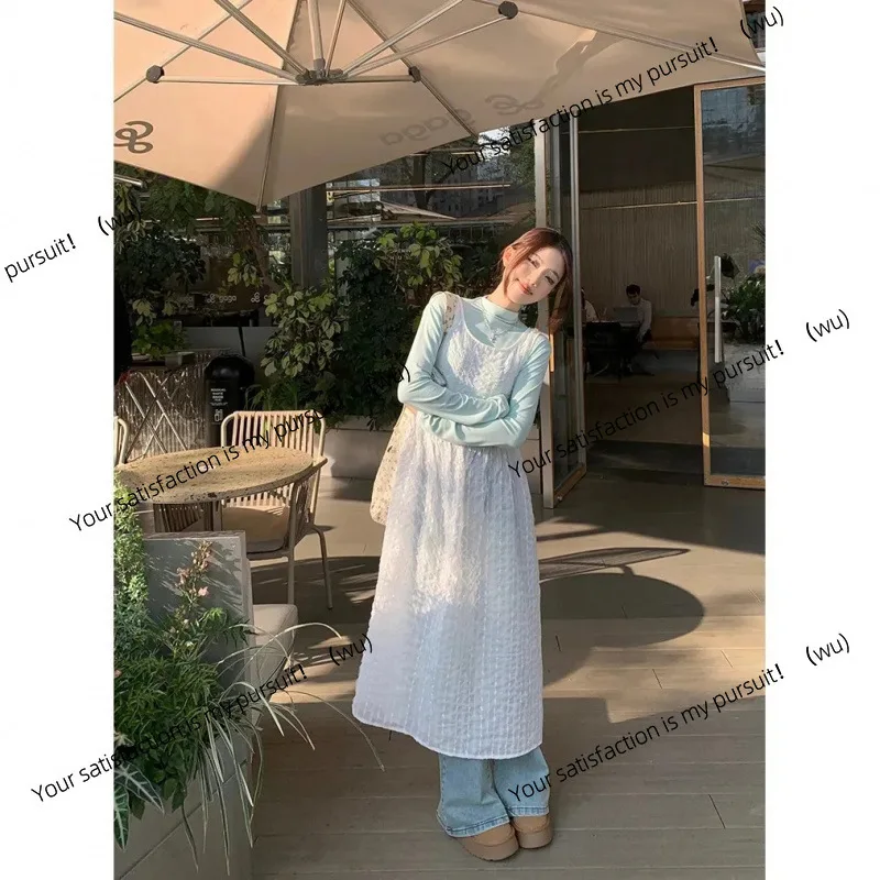 Renda branca ligeiramente transparente arco cinta vestido feminino início da primavera férias à beira-mar vento suspender saia solta saia longa
