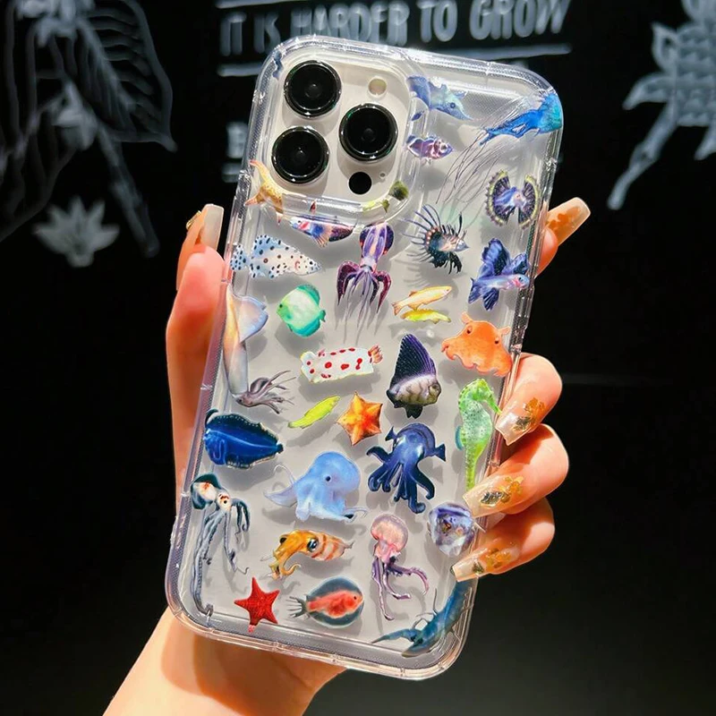 Ocean Life Theme Summer Transparent shockproof Phone Case For iPhone 16 15 14 13 12 11 Pro Max Plus 7 8 SE2 XR X XS Soft Cover