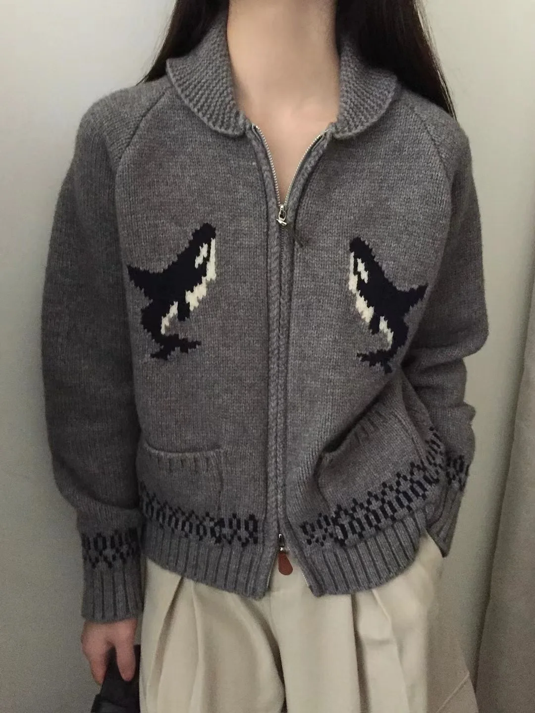 

Casual Women's Sweater Retro Warm Comfortable Commuter Wind Cartoon Autumn Winter Cardigan Long Sleeve Zipper Pocket Collar Coat