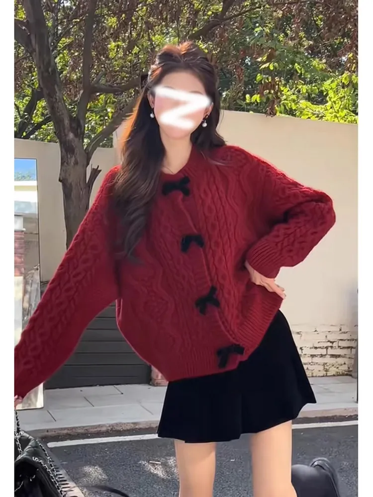 

Spring Autumn New Year Loose Lazy Style Women's Knitted Sweater with Knot Twist Knit Cardigan Coat Casual Commute S...