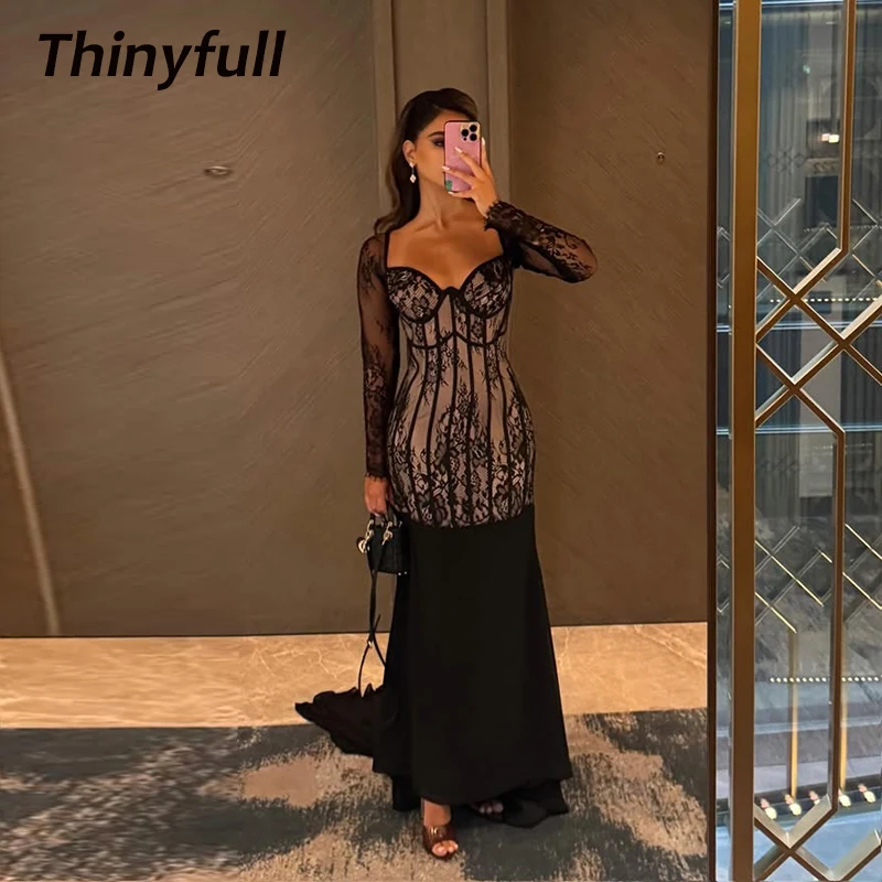 

Thinyfull Mermaid Black Prom Dresses Sweetheart Full Sleeves Evening Party Dress Dubai Formal Gown Robe De Soirée Customized