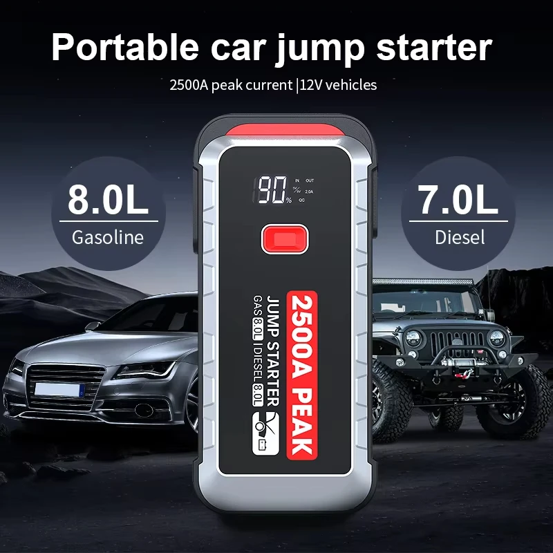 Jump Starter Power Bank Motorcycle & Car Emergency Booster 2500A with 25800mAh 2 USB Ports LED Lighting & Digital Screen