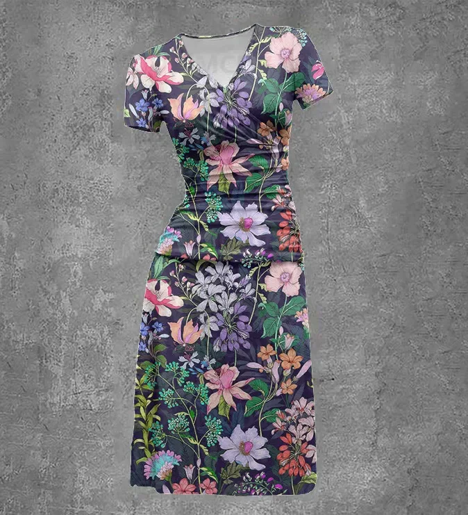 Abito da donna sexy con scollo a V e stampa floreale multicolore a maniche corte