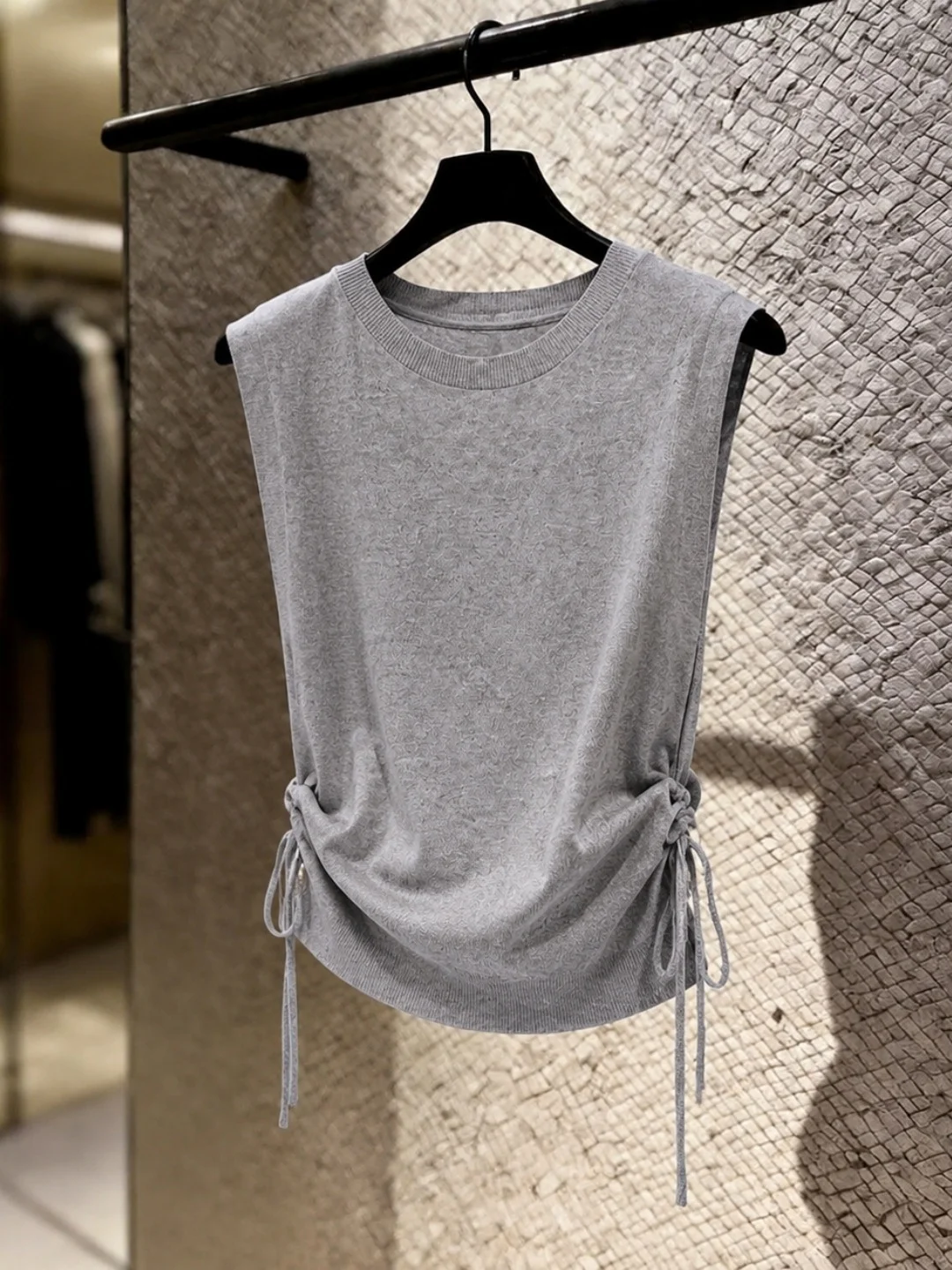 

Summer Ice Silk Knitted Sleeveless Vest Loose Fit Outerwear Drawstring Design Elegant Style Casual Slimming Top for Women