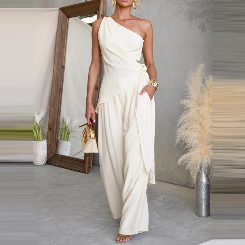Women Casual Sleeveless Tie-Up Waist Solid Outfit Fashion Hollow Solid 2Pc Suit Elegant Diagonal Collar Irregular Top & Pant Set