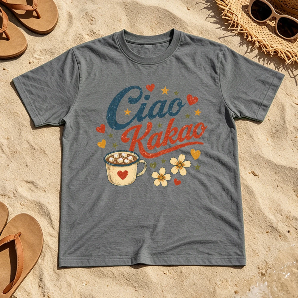 Ciao Kakao Marshmallow Cocoa Cup Daisy Heart Art Print Unisex Cotton T Shirt Men Warm Holiday Short Sleeve Tee Men Clothing