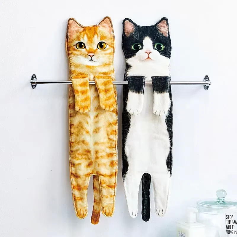 Cute Cat Quick Dry Microfiber Hand Towels Type Towelette Kitchen Bathroom Hand Towel with Hanging Loop Cleaning Cloth Home Decor
