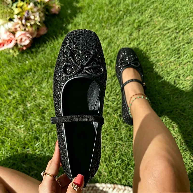 

CLAREGQI Women Black Glitter Mary Jane Flats, Bow Decor Single Strap Square Toe Slip On Ballet Shoes, Casual Daily Walking Dres