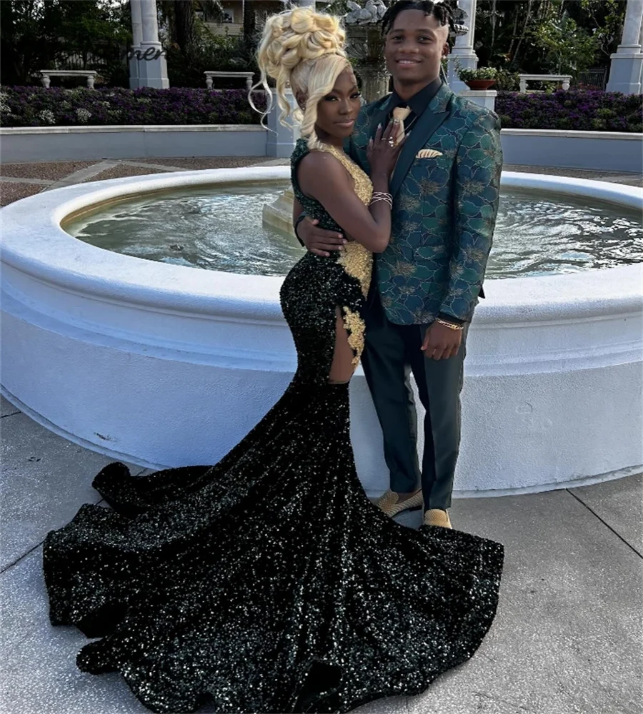 Amazing Dark Green And Gold Prom Dress For Black Girls Lace Mermaid Evening Dress Illusion Top Sequin Birthday Party Customized