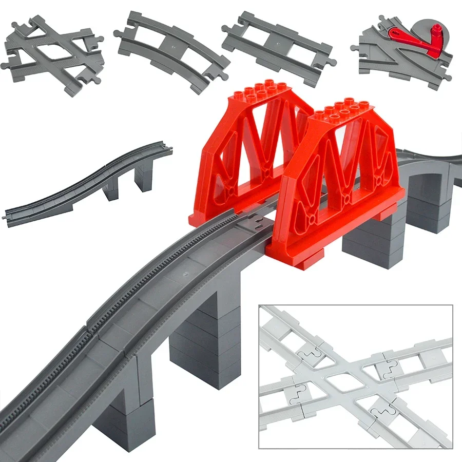 Big Size Track Bricks Train Straight Curved Switch Railway City View Large Building Bricks Wheel Bridge Toys Compatible Duploes