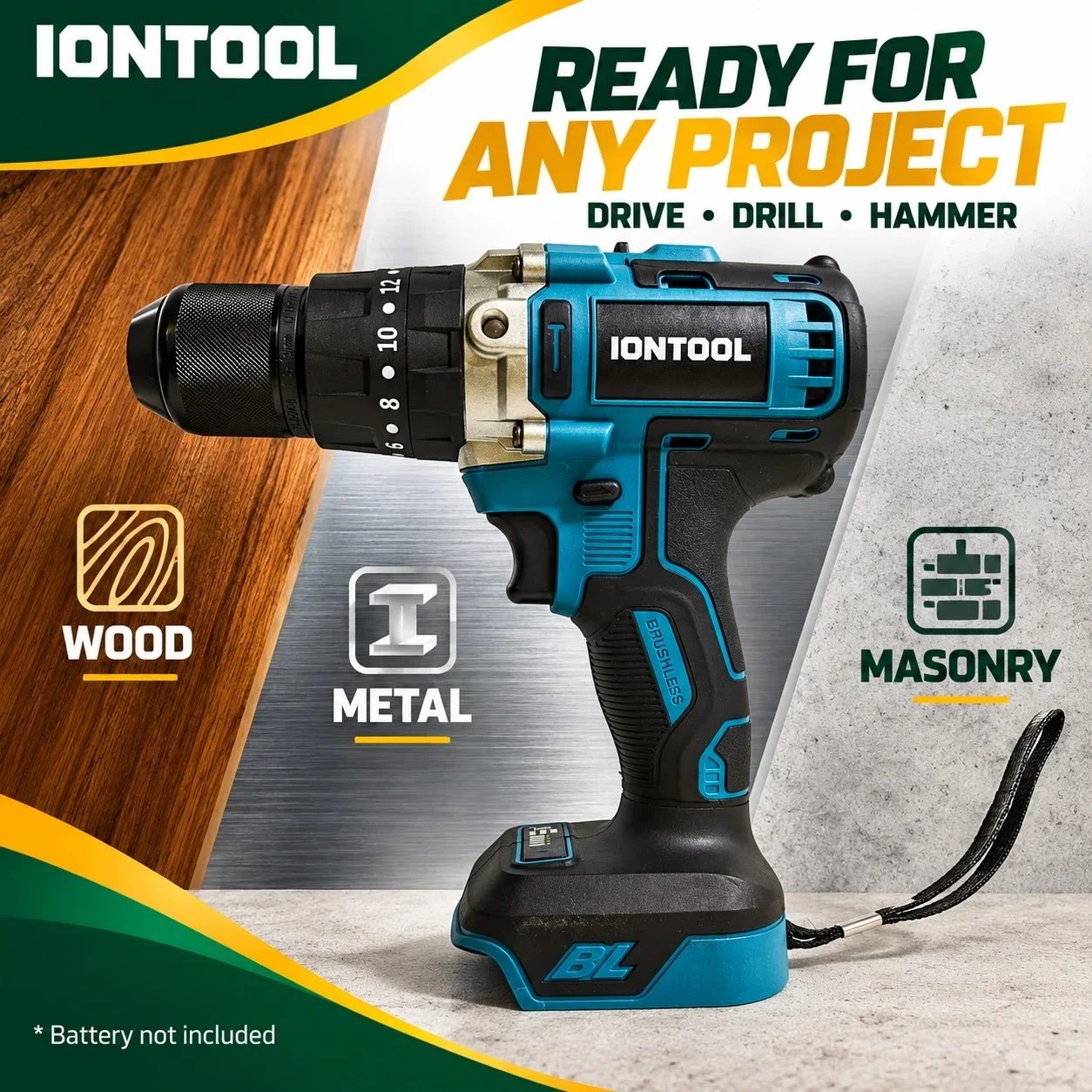 IONTOOL 18V Brushless Cordless Hammer Drill 70Nm 13mm Chuck 2 Speed 0-2000RPM 34000BPM Power Tool for Home DIY Repair