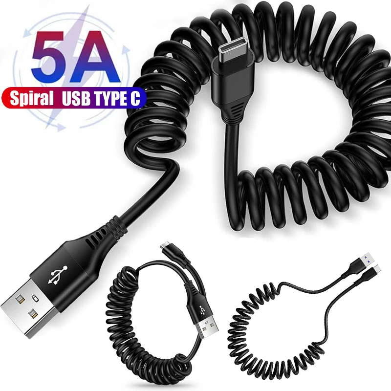 66W 5A Fast Charging Type C Cable Spring Telescopic Car Phone Charger USB Cable For Samsung Xiaomi Redmi Huawei USB Type C Cable