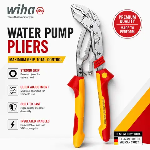 Wiha 7"  47245 Insulated Automatic Quick Adjust Water Pump Pliers, 1000V Electrician Pliers, Extra Wide Opening, Imported, 47245