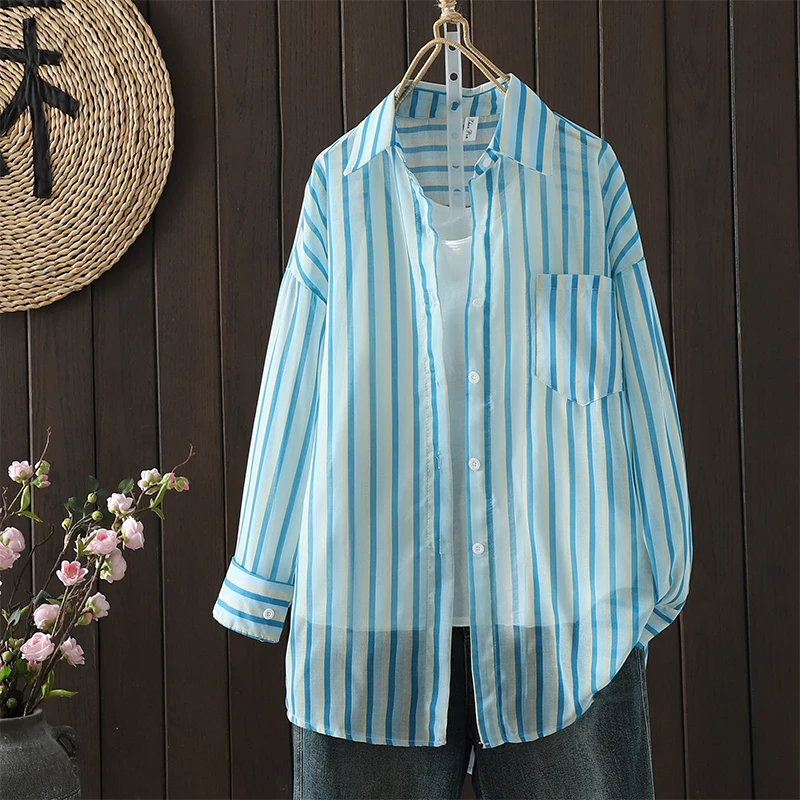 

Casual Cotton Linen Long Sleeve Shirt Korean Artistic Striped Floral Print Open Cardigan Style Women's Premium Quality Top