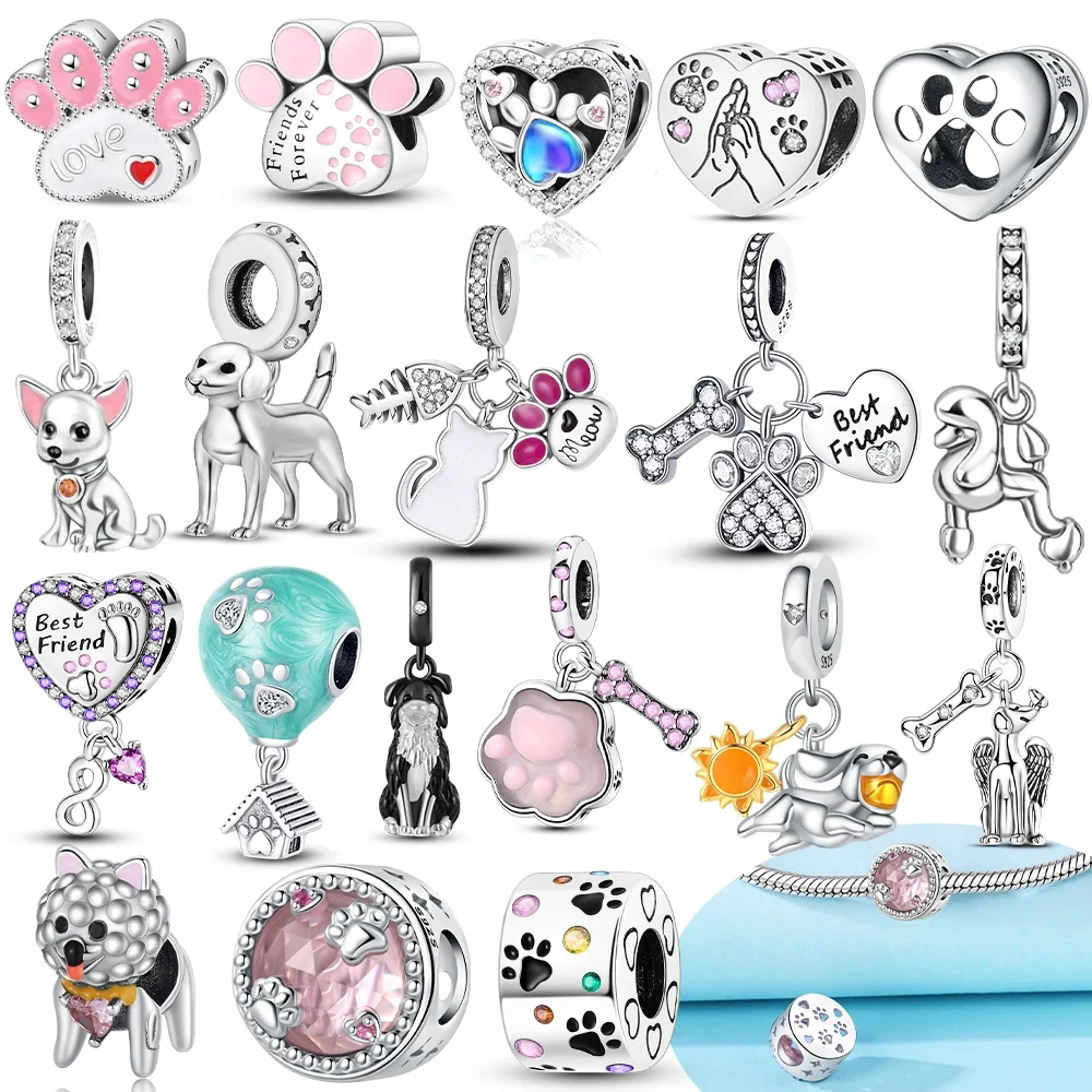 Original 925 Silver Bracelet Women Jewelry Diy Childish Fine Gift Charms Beads Pink Claw Bones Running Dog Pendant Heart Beads