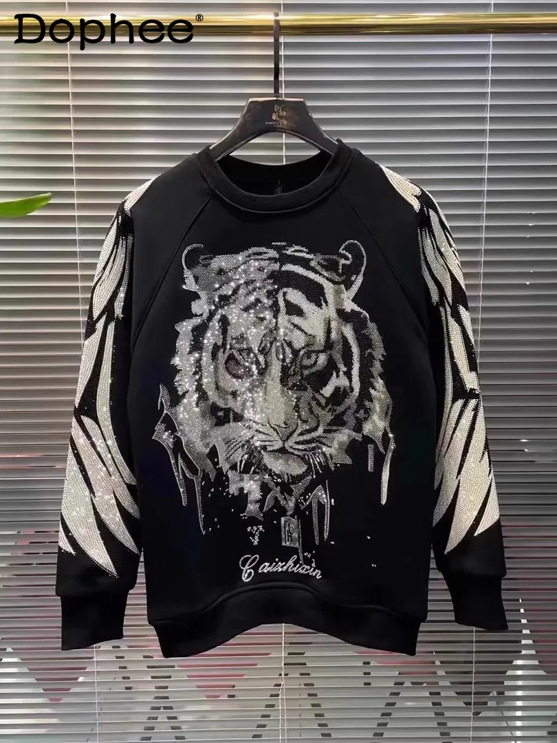 

2025 Autumn Winter New Fashion Trend Heavy Rhinestone Round Neck Sweatshirt Black Loose Casual Long Sleeve T-Shirt for Men