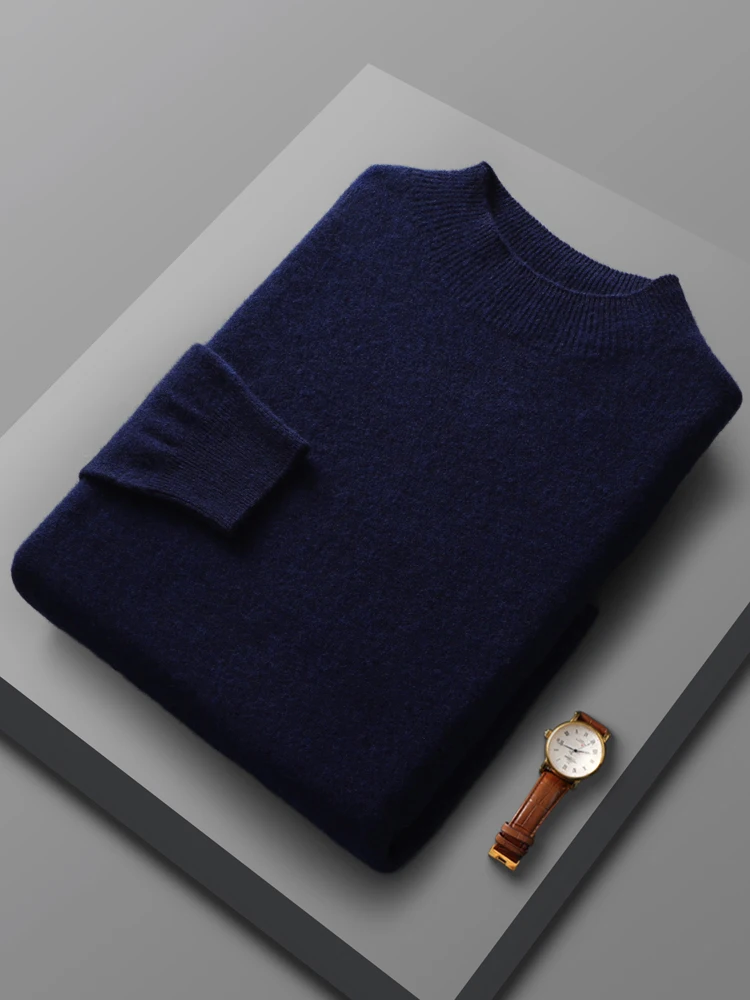 Spring Autumn 100% Merino Wool Pullover Sweater Cashmere Knitwear Men Mock-Neck Long-sleeve Basic Clothing Grace Tops