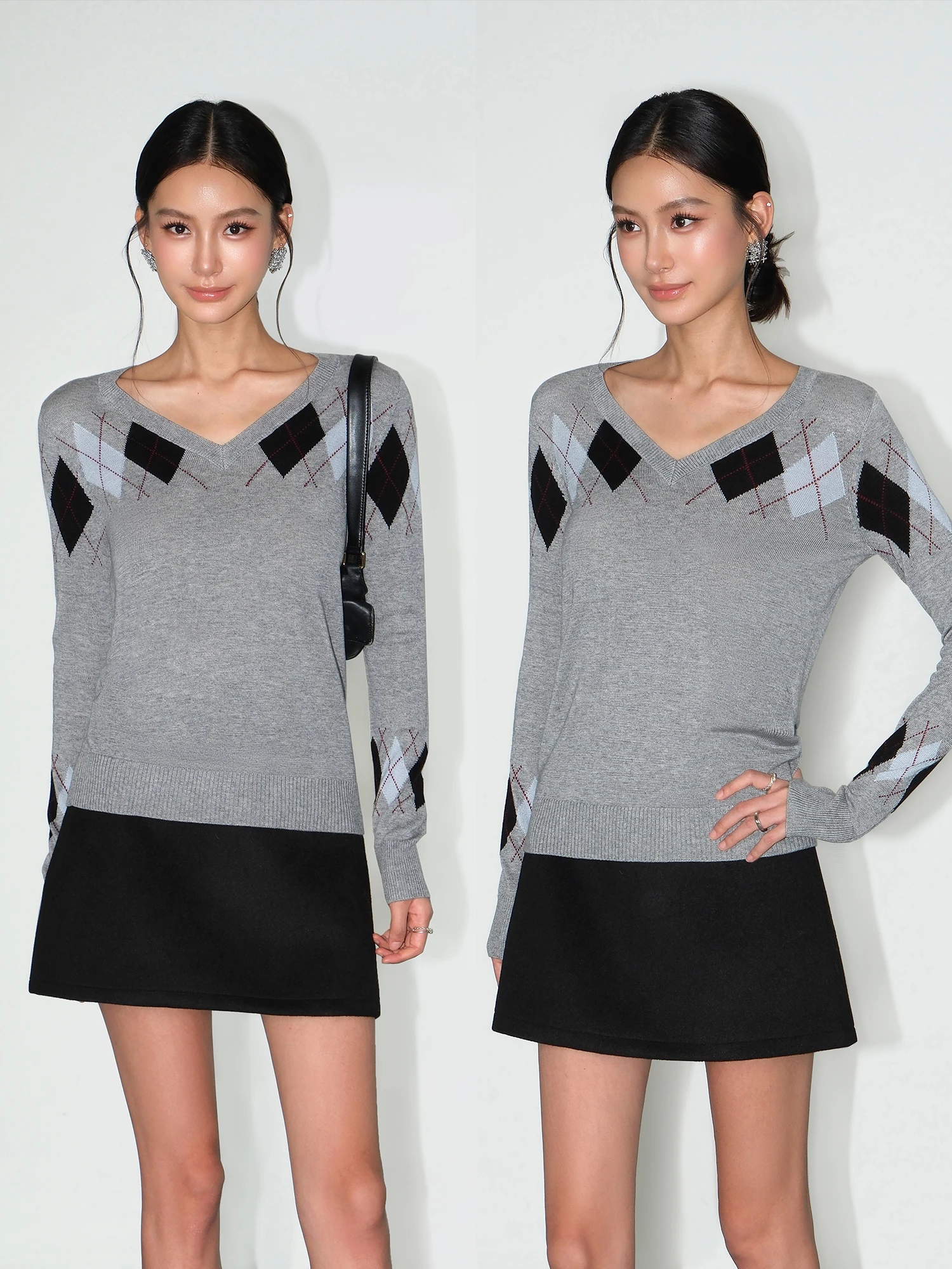 

Женский трикотажный джемпер NEVA HU Briti School Color Blo с ромбовидным узором и V-образным вырезом, в стиле ретро, повседневный базовый топ свободного кроя с длинными рукавами