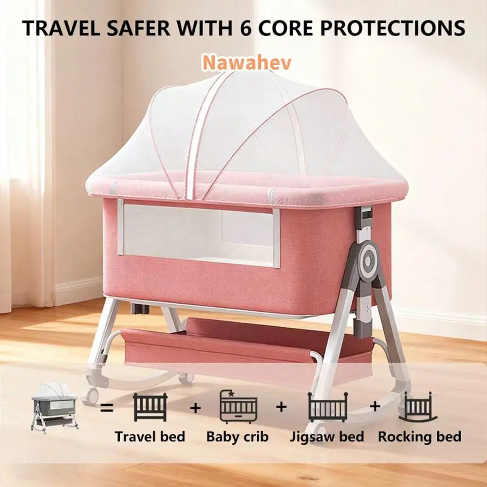 4In1 Baby Bassinet Bedside Sleeper, Adjustable 6 Height Levels, Lockable Wheels, Mosquito Net Large Storage Basket For Infant view 4