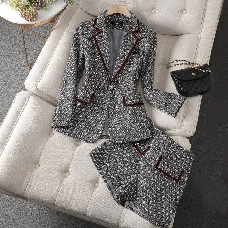 Women Elegant Office Pant Suit Blazer Jacke Coat Top And Short Two Three Piece Set Matching Outfit Winter Autunm Print Clothing