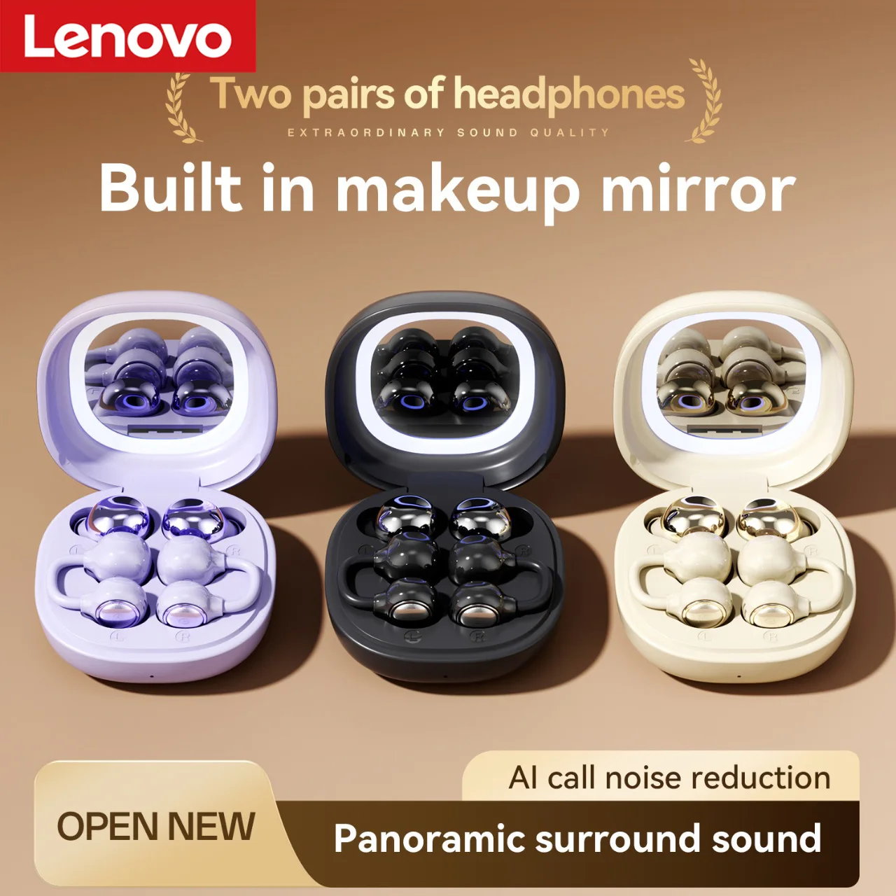 Lenovo 2 Pairs Wireless Bluetooth Earbuds Sleep Noise Cancelling Headphones Makeup Mirror Charging Case Ear Hook Sport Earphones