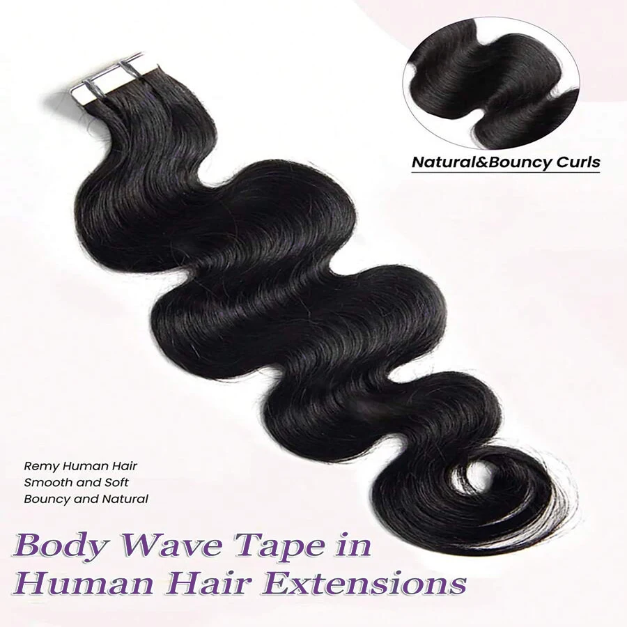 Cinta adhesiva para extensiones de cabello, pelo Remy, sin costuras, color negro Natural