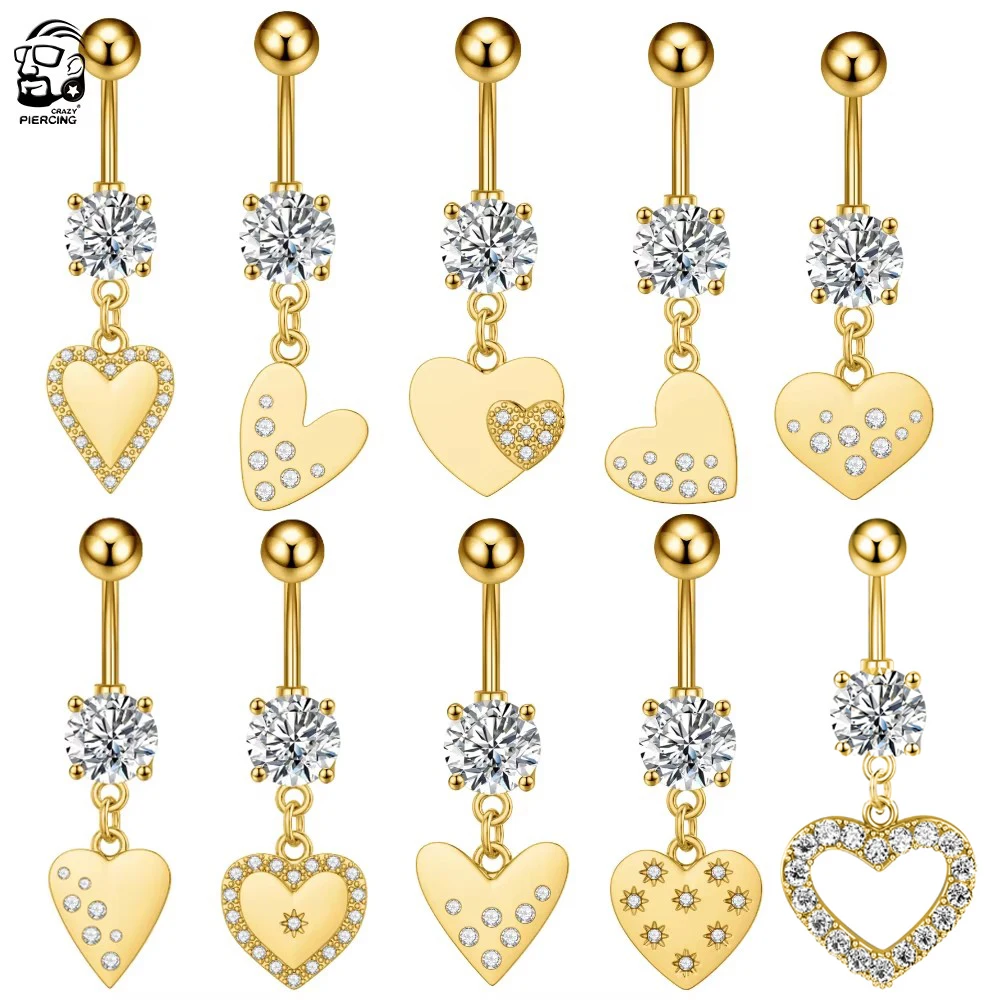 Mixed-Style Heart Dangled Belly Button Ring Gold Color Wing Flower Crystal Zircon Belly Piercing Nombril Navel Jewelry for Women