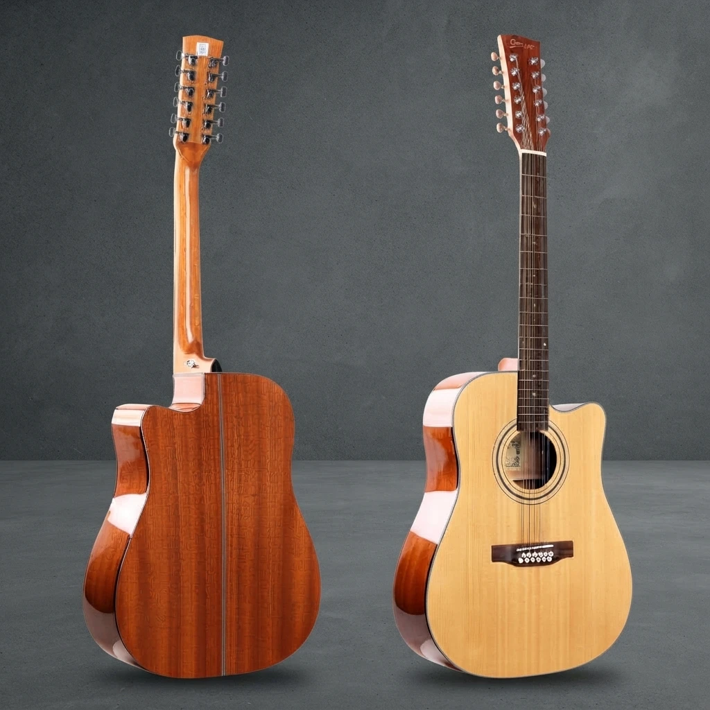12-String Cutaway Guitar, Acoustic Folk Style, Natural Gloss Finish, Chrome Tuners, Dot Inlay, White Binding for Practice