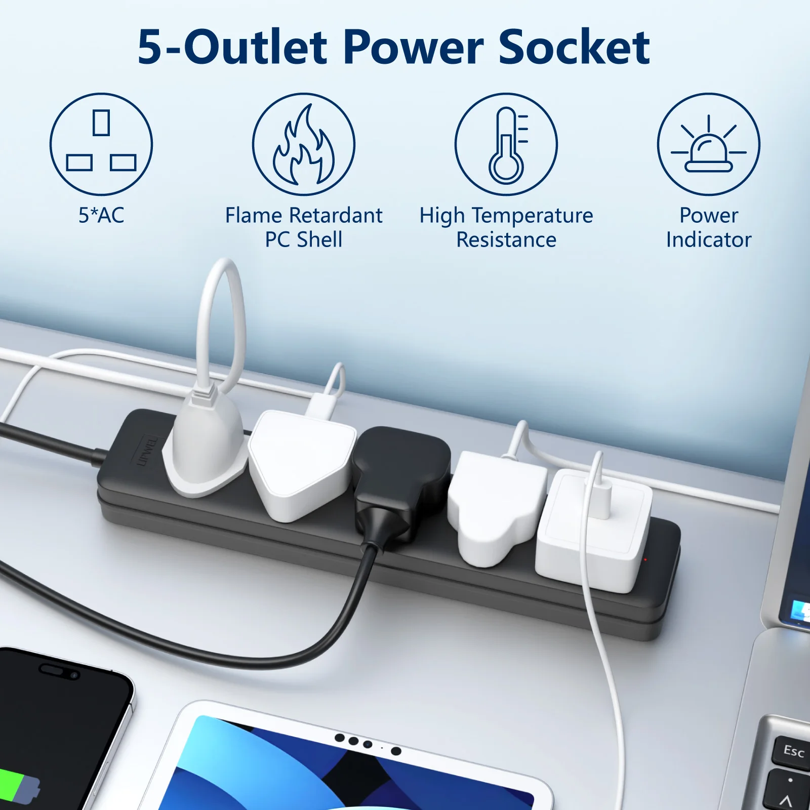 1pc UK Compact 5-Socket Power Strip with Wall-Mount Design, Flame-High-Temperature Resistance, and Power Indicator Light