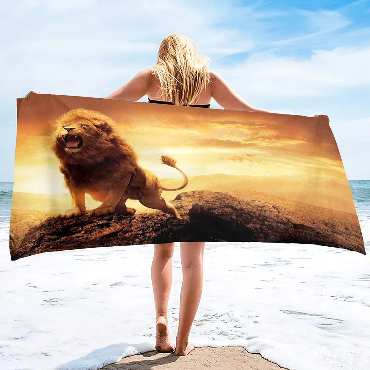 Lion Beach Towels Wild King of Animals Lion Head Cruel Eyes Brown Feathers Microfiber Soft Towels for Bath Hair Hand Towel