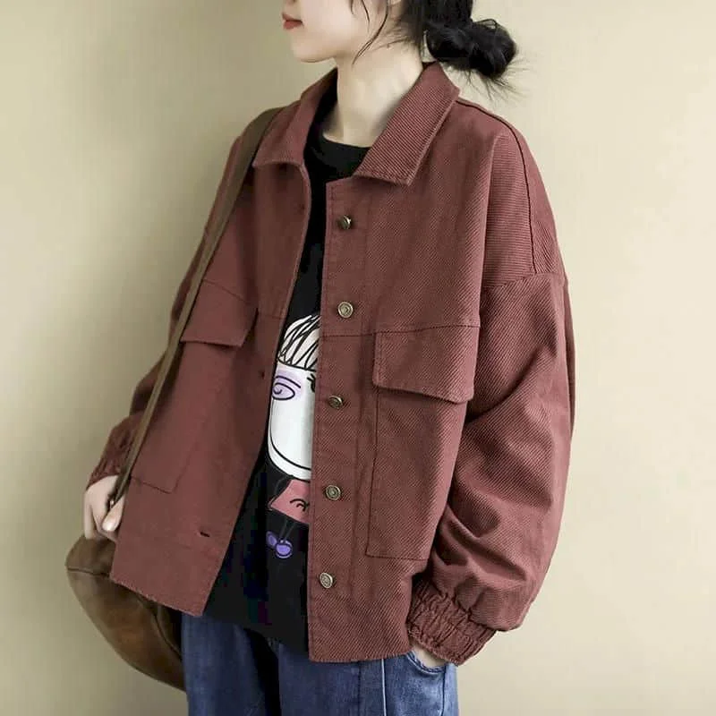 Chaquetas vaqueras de estilo coreano para mujer, cárdigans sueltos de manga larga con cuello de Polo, abrigos de botonadura única, ropa Vintage