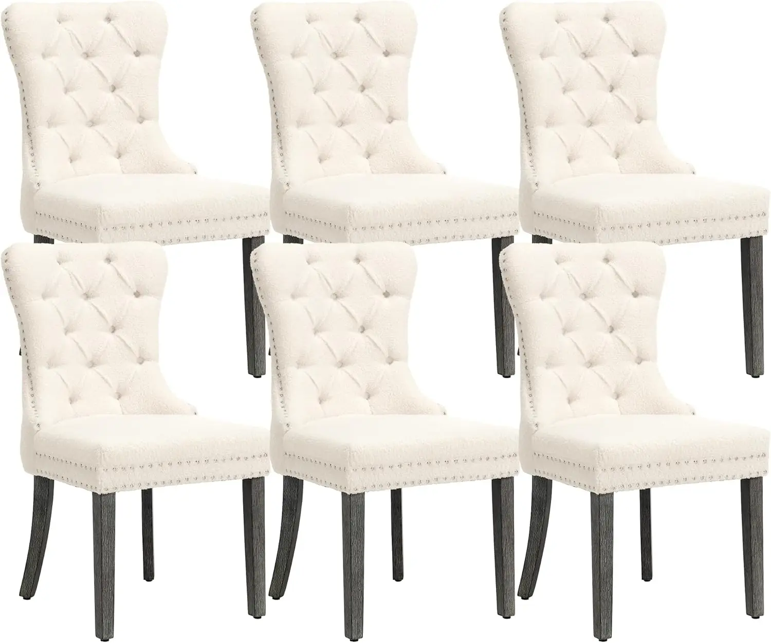 Boucle Dining Chairs Set of 6 Upholstered High-end Tufted Dining Room Chair Nailhead Back Ring Pull Trim Solid Wood Legs Cream