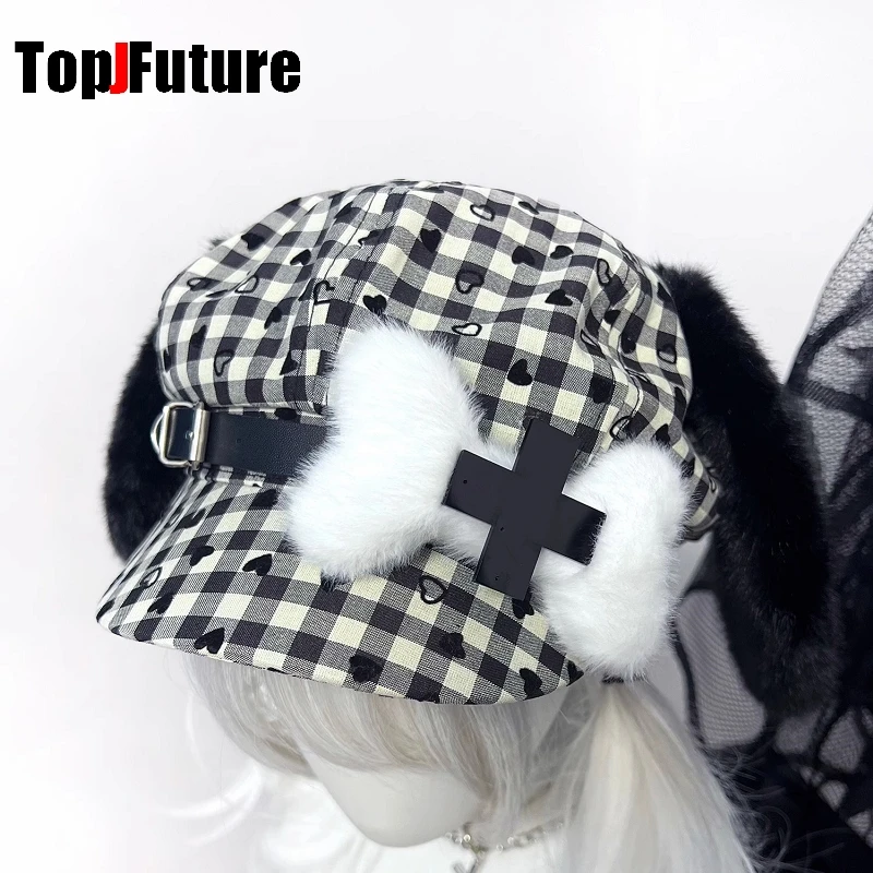 Subculture Y2K Girls Japanese Cute Ladies Octagonal Hat Plush Rabbit Ears  Dog bone leather button cross black Plaid beret  hat