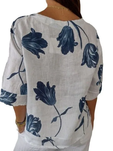 

Loose V-ne ort Sve Printed irt Street Sle Loose Fit Printed Floral Women's Casual irt Summer Season Regular Length