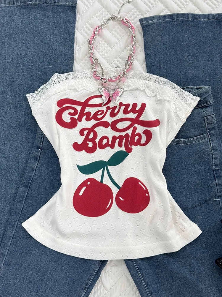 

Original Retro Y2K Printed T-irt Women's Summer Unique Beautiful White Strapl Top Casual Sle Slim Fit Cotton Blend