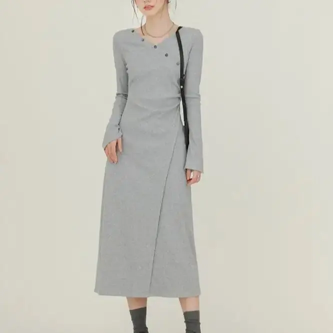 

Maxi Dress Women V-Neck Pure Elegant Dress Gentle Draped French Style Long-Sleeve Aesthetic Temperament 2024 Autumn All-Match