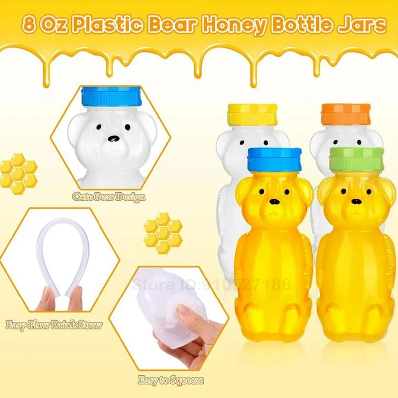 24Pc 8oz Honey Jar Plastic Empty Honey Bear Bottle with Straws Empty Honey Squeeze Bottle Bear Shaped Containers for Honey Juice