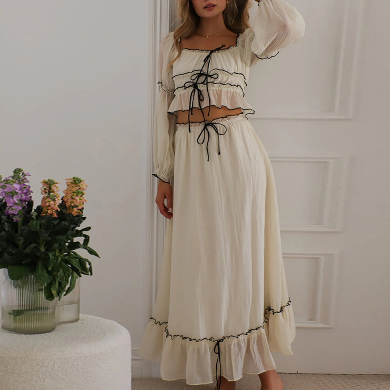 Women Skirts Outfits Patchwork Trim Tie-Up Front Long Sleeve Off Shoulder Tops Elastic Waist Skirts 2 Pieces Clothes Set