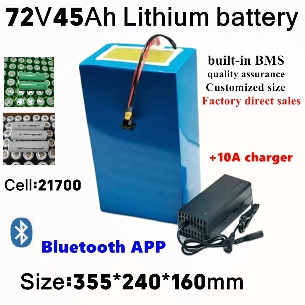 

Batterie lithium-ion, 72V, 45Ah, avec BMS bluetooth, pour tricycle, scooter, vélo, moto sicile, avec chargeur 10A, 3500/5000W