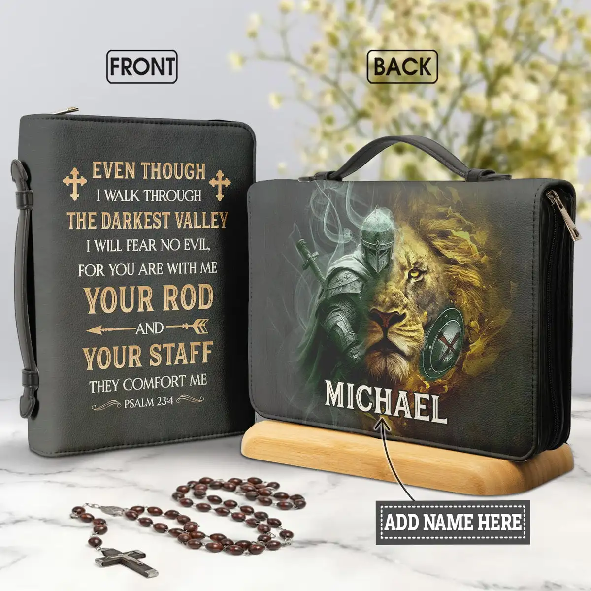 2023 New Leather Bible Bag I Will Fear No Evil For You Are With Me Words Lion Design Women Handbags Study Book Holy Storage Box